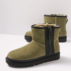 UGG Kids Classic Mini Zipper Tape Logo Boots – Burnt Olive | Big Kid 6 Women 7.5